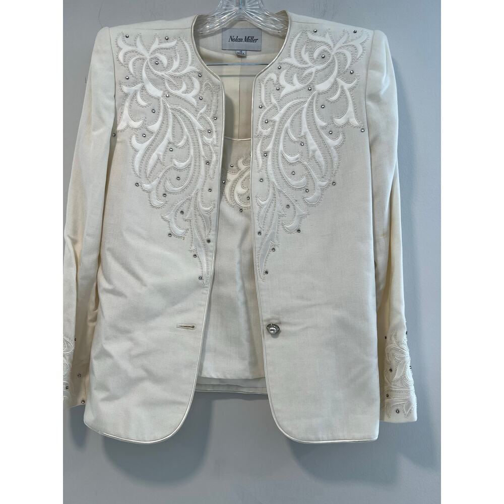 VTG Nolan Miller 3 Pc Skirt Suit White Western Blazer Rayon Linen Size 10 SG - Picture 2 of 16